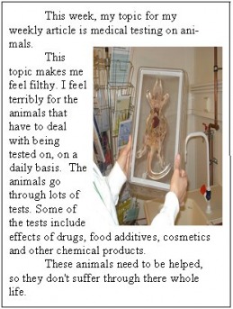 Newspaper Article - Medical Testing on Animals. Cruel or no?